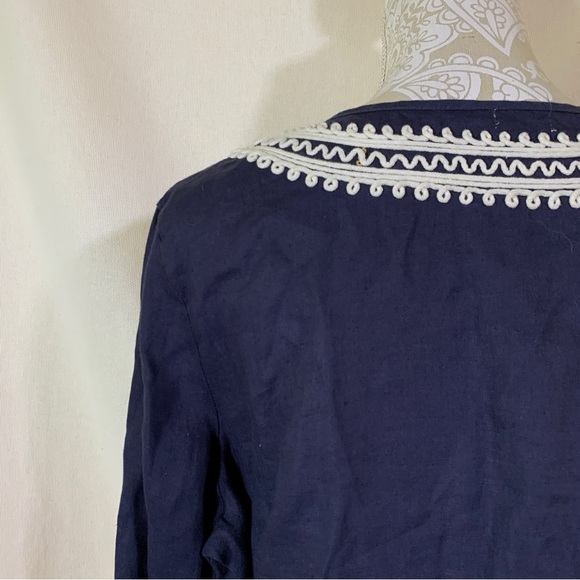 Symple // dark blue linen tunic with white embroidered design size large - Picture 5 of 8